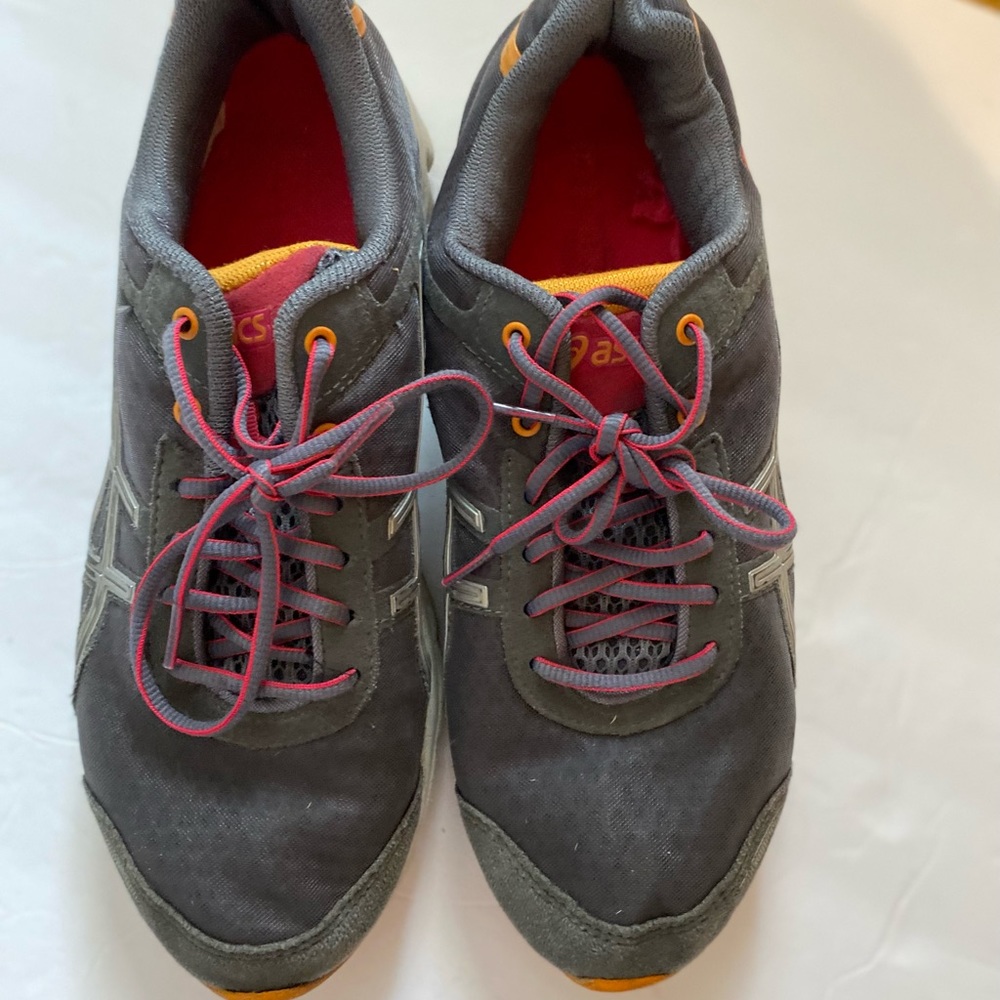 ASICS gray orange athletic tennis shoe